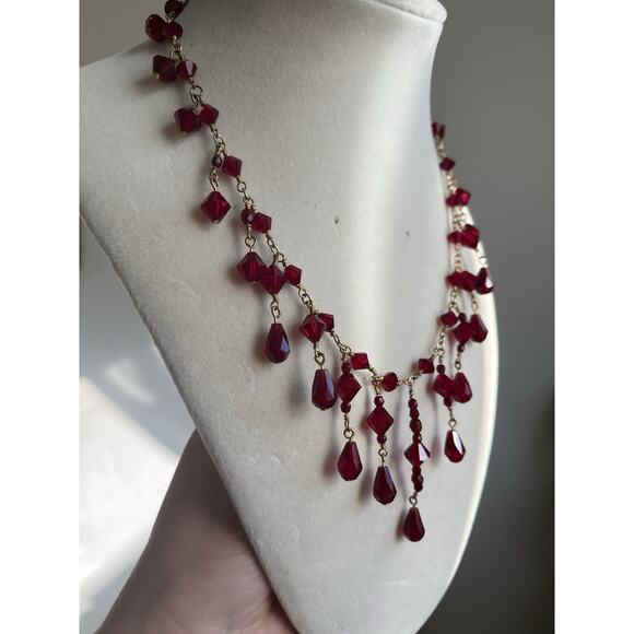 Vintage Red Crystal Faceted Beads Necklace Dangle Cha Cha Choker 18” - Picture 1 of 4